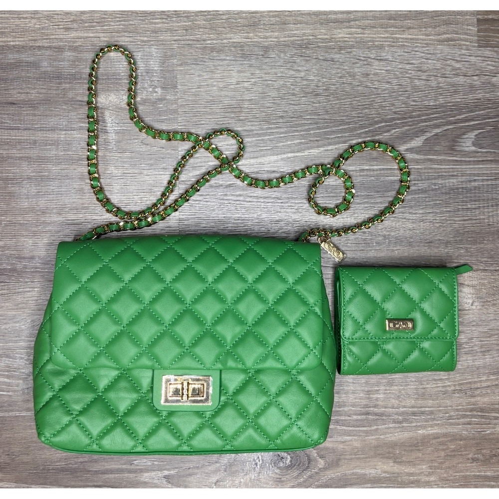 G by Giuliana Green Quilted Lamb Leather Crossbody Bag Wallet Gold Chain NWOT